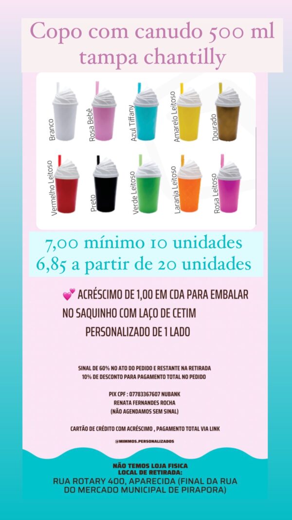 Copo com canudo 500 ml com tampa chantilly