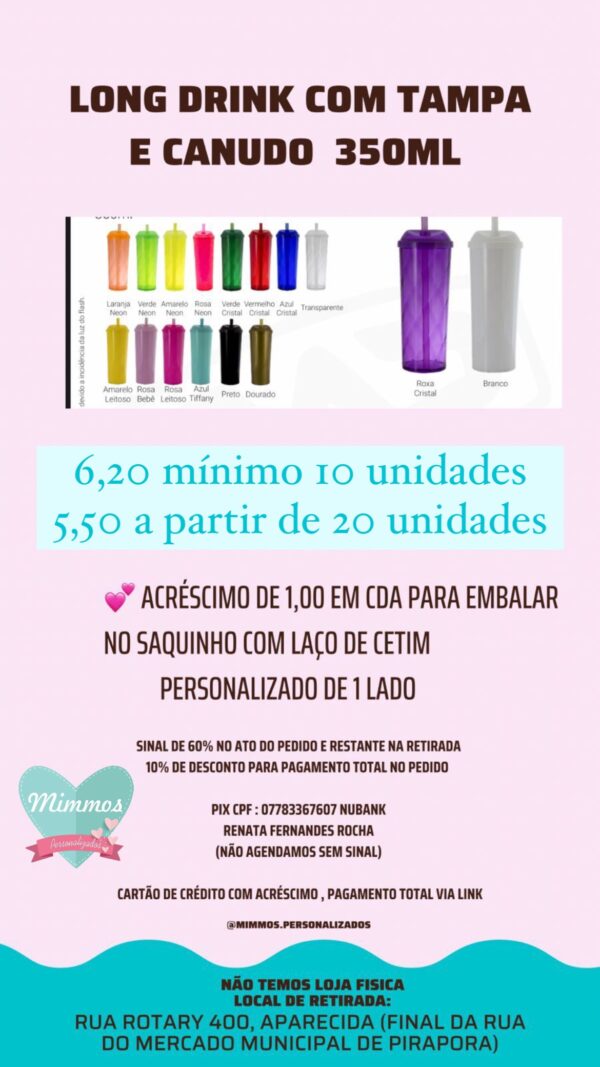 Long drink com tampa e canudo (personalizados no transfer)
